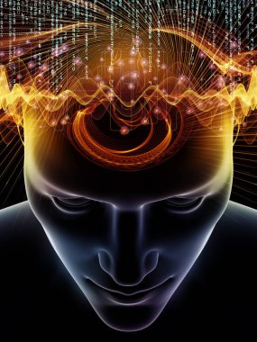 Dalgalar serisi için sorun. İnsan kafası ve teknoloji sembolleri için 3d çizimi tasarlamak zemin bilinç, beyin, akıl ve yapay zeka üzerinde çalışır