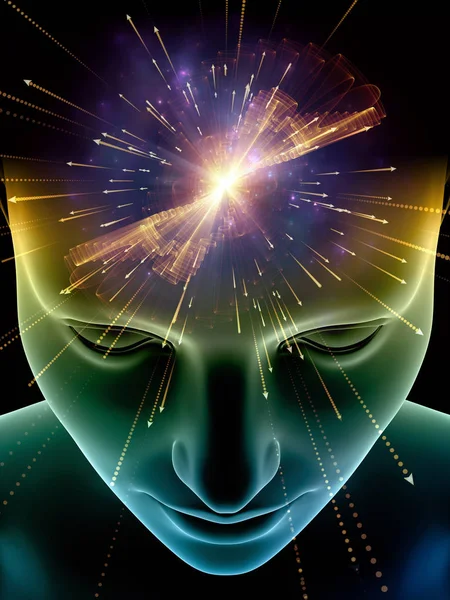 Zihin dizi elemanları. insan kafası ve sembolleri bilim, eğitim ve zihin gücü konusunda teknolojinin 3D çizimi