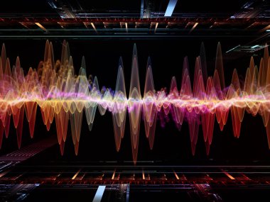 Dalga Fonksiyonu serisi. Ses eşitleyici, müzik spektrumu ve kuantum olasılığının metaforu olarak renkli sinüs titreşimleri, ışık ve fraktal elementlerden oluşan tasarım