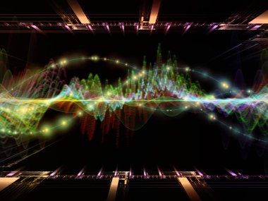 Dalga fonksiyonu serisi. Zemin oluşan renkli sinüs titreşimleri, ışık ve fraktal öğeleri ve ses ekolayzer, projelerde kullanıma uygun müzik spektrum ve kuantum olasılık