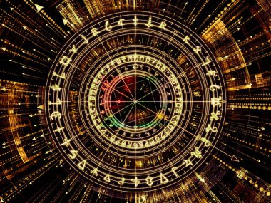 Anlam serisi çemberi. Arka plan tasarımı kutsal sembolleri, oklar ve fraktal öğeleri maneviyat, Astroloji, fal ve sihir konusunda