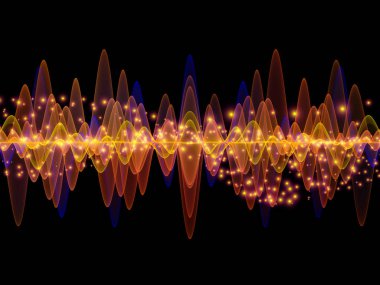 Dalga Fonksiyonu serisi. Ses eşitleyici, müzik spektrumu ve kuantum olasılığının metaforu olarak renkli sinüs titreşimleri, ışık ve fraktal elementlerden oluşan tasarım