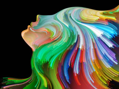 Renk serisinin yüzü. Yaratıcılık, tasarım, iç dünya, insan doğası ve sanatsal ruh projeleri için uygun bir zemin olarak insan profili ve renkli renkli boya çizgileri.