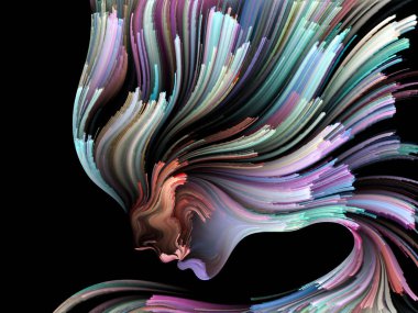 Yüz renk serisi. İnsan profili ve boya bir kavramı mecaz yaratıcılık, tasarım, iç dünya, insan doğası ve sanatsal ruhu konuda hareketli renkli çizgiler yaratıcı düzenleme