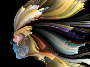 Yüz renk serisi. Tasarım projeleri için fon olarak hizmet etmek için insan profili ve boya hareketli renkli çizgiler yapılmış yaratıcılık, tasarım, iç dünya, içgüdü ve sanatsal ruhu ile ilgili