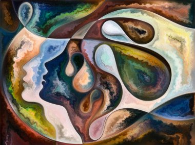 İç doku serisi. Kompozisyon yüzler, renkler, Organik dokular, eğriler iç dünya, aşk, ilişkiler, ruh ve doğa konusundaki akan
