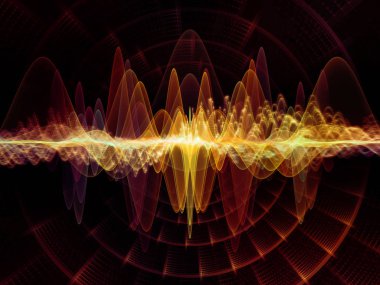 Dalga Fonksiyonu serisi. Ses eşitleyici, müzik spektrumu ve kuantum olasılığı üzerine renkli sinüs titreşimleri, ışık ve fraktal elementlerin arkaplanı