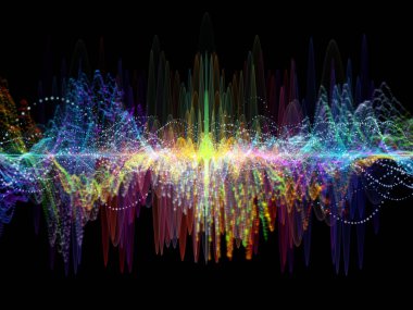 Dalga Fonksiyonu serisi. Ses eşitleyici, müzik spektrumu ve kuantum olasılığıyla ilgili projeler için arkaplan görevi görecek renkli sinüs titreşimleri, ışık ve fraktal elementlerden oluşan tasarım