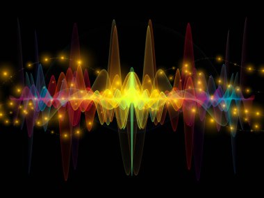 Dalga Fonksiyonu serisi. Ses eşitleyici, müzik spektrumu ve kuantum olasılığının metaforu olarak renkli sinüs titreşimleri, ışık ve fraktal elementlerden oluşan tasarım