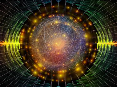 Dalga Fonksiyonu serisi. Ses eşitleyici, müzik spektrumu ve kuantum olasılığı üzerine renkli sinüs titreşimleri, ışık ve fraktal elementlerin arkaplanı