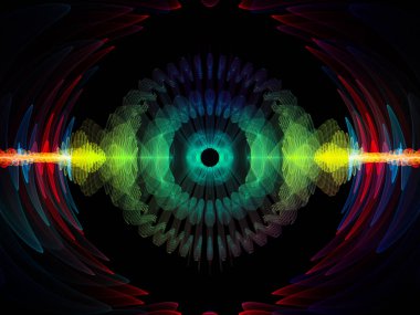 Dalga fonksiyonu serisi. Renkli sinüs titreşimler arka plan kompozisyon, ışık ve fraktal öğeleri ses ekolayzer, konu üzerinde müzik spektrum ve kuantum olasılık