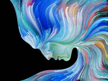 Yüz renk serisi. İnsan profili ve yaratıcılık, tasarım, iç dünya, içgüdü ve sanatsal ruh konusunda boya hareketli renkli çizgiler bileşimi