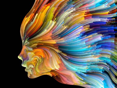 Yüz renk serisi. Zemin tasarımı insan profili ve boya işleri yaratıcılık, tasarım, iç dünya, insan doğası ve sanatsal ruhu için hareketli renkli çizgiler