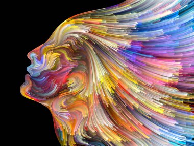 Yüz renk serisi. Tasarım projeleri için fon olarak hizmet etmek için insan profili ve boya hareketli renkli çizgiler yapılmış yaratıcılık, tasarım, iç dünya, içgüdü ve sanatsal ruhu ile ilgili