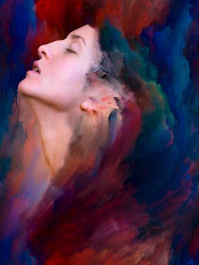 Dünya serisi. Duygular, duygular, iç dünya, yaratıcılık ve hayal gücü konularında bir metafor olarak kadın portresinin canlı resimlerle kaynaşmış yaratıcı düzenlemesi.