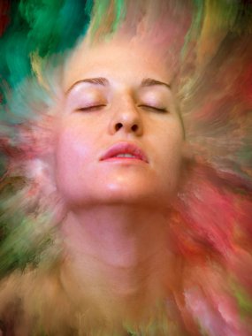 Dünya serisi. Kadın portresinin soyut bileşimi duygular, duygular, iç dünya, yaratıcılık ve hayal gücüyle ilgili projelere uygun canlı boyayla kaynaştırılmış.