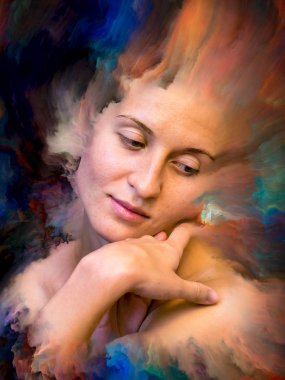 Dünya serisi. Kadın portresinin soyut bileşimi duygular, duygular, iç dünya, yaratıcılık ve hayal gücüyle ilgili projelere uygun canlı boyayla kaynaştırılmış.