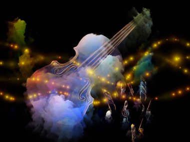 Müzik rüya serisi. Müzik aletleri, melodi, ses, performans sanat ve yaratıcılık bu konuda keman ve soyut renkli boya düzenlenmesi