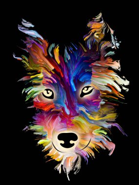 Aşk, dostluk, sadakat, köpekle insan arasındaki arkadaşlık konularında siyah arka planda parlak renklerde köpek portresi. Tanrı hayvanları korusun..