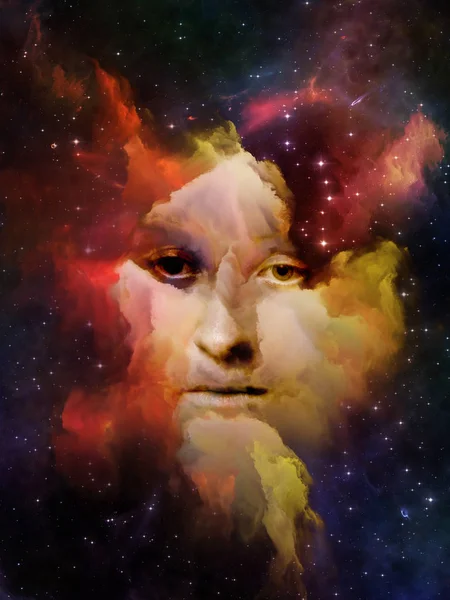 宇宙会记住我们的系列 女性面孔 星云和星星的背景设计在宇宙 人的头脑和想象的主题 — 图库照片