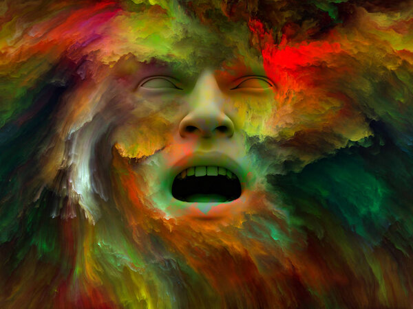 Серия игр Mind Fog. 3D-рендеринг человеческого лица, морфированного фрактальной краской, как концептуальная метафора на тему внутреннего мира, снов, эмоций, творчества, воображения и человеческого разума
