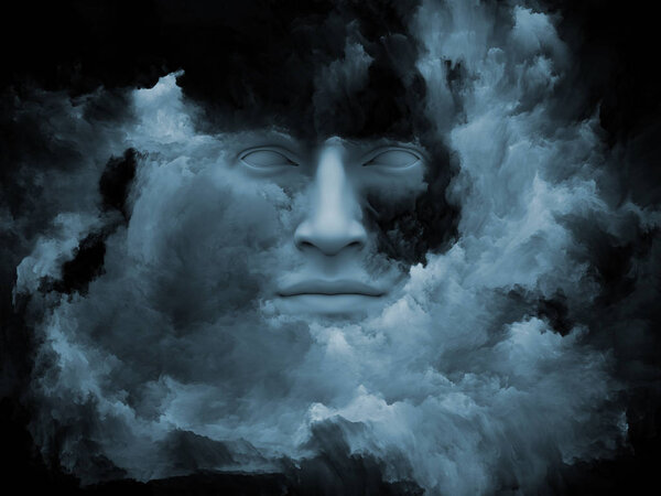Mind Fog series. 3D illustration made of human face morphed with fractal paint to serve as backdrop for projects related to inner world, dreams, emotions, creativity, imagination and human mind
