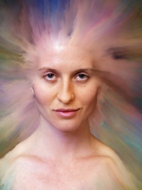 Dünya serisi. Kadın portresinin soyut bileşimi duygular, duygular, iç dünya, yaratıcılık ve hayal gücüyle ilgili projelere uygun canlı boyayla kaynaştırılmış.