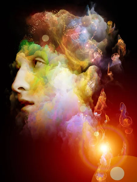 Farbe Der Musik Serie Abstrakte Komposition Von Musiksymbolen Weiblicher Kopf — Stockfoto