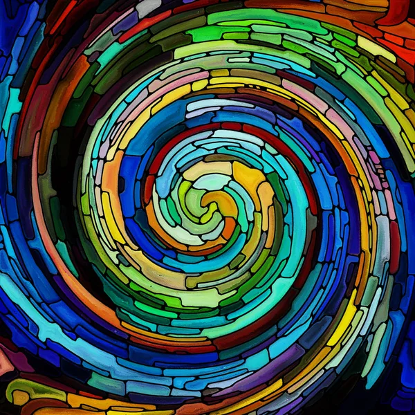 スパイラル回転シリーズ カラフルなデザイン 創造性 想像の主題の概念メタファーとしてステンド グラス色の断片の渦巻き模様のパターンの配置 — ストック写真