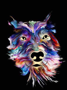 Aşk, dostluk, sadakat, köpek ve insan arasında arkadaşlık konularında siyah arka plan üzerine dijital yağlı boyayla köpek portresi. Tanrı hayvanları korusun..