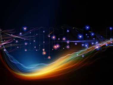 Dijital Rüyalar serisi. Bilim, eğitim, bilgisayarlar ve modern teknoloji projeleriyle birlikte kullanılacak sanal görselleştirme bileşenlerine sahip teknoloji arka planından oluşan soyut bir arkaplan