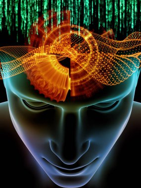 Zihin dizi elemanları. insan kafası ve sembolleri teknoloji konu bilim, eğitim ve zihin gücü için 3D çizimi