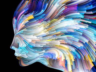 Yüz renk serisi. İnsan profili ve projelerde yaratıcılık, tasarım, iç dünya, içgüdü ve sanatsal ruhu için boya hareketli renkli çizgiler bileşimi