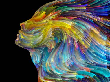 Yüz renk serisi. İnsan profili ve yaratıcılık, tasarım, iç dünya, içgüdü ve sanatsal ruh konusunda boya hareketli renkli çizgiler