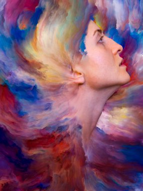 Onun Dünya serisi. Duygular, duygular, iç dünya, yaratıcılık ve hayal gücü projelerde kullanmak için canlı boya ile kadın portresi oluşan zemin erimiş