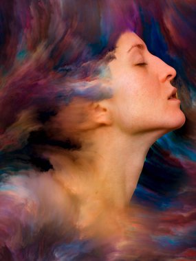 Onun Dünya serisi. Duygular, duygular, iç dünya, yaratıcılık ve hayal gücü projelerde kullanılmak üzere canlı boya ile kadın portresi yapılan sanatsal arka plan erimiş