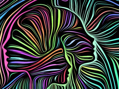 İç geometri serisi. İnsan ruhu, iç tiyatro, sanat, şiir ve Maneviyat konusundaki geleneksel gravür tarzında işlenmiş yüz insan etkileşimi