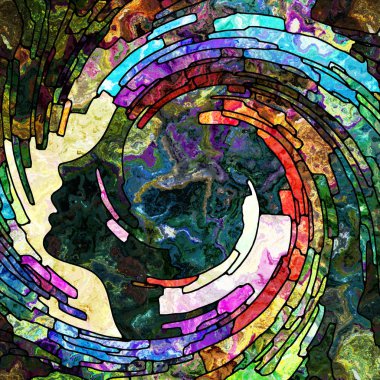 Spiral burgu serisi. Vitray girdap desen, renk parçacıkları, renkli tasarım, yaratıcılık, sanat ve hayal gücü bu konuda etkileşimi