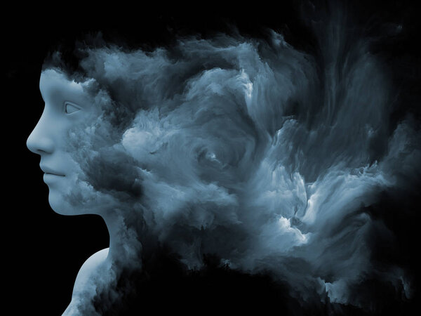 Mind Fog series. 3D rendering of human face morphed with fractal paint as a metaphor on the subject of inner world, dreams, emotions, creativity, imagination and human mind