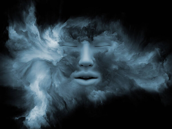 Mind Fog series. 3D rendering of human face morphed with fractal paint suitable as a backdrop for the projects on inner world, dreams, emotions, creativity, imagination and human mind