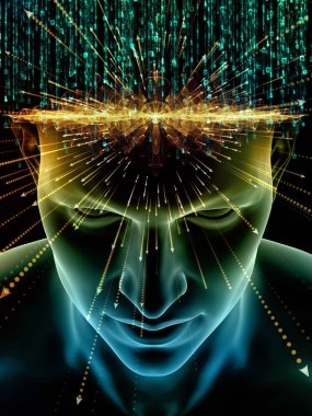 Zihin dizi elemanları. insan kafası ve sembolleri bilim, eğitim ve zihin gücü konusunda teknolojinin 3D çizimi