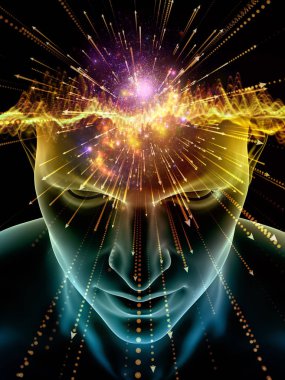 Zihin dizi elemanları. insan kafası ve sembolleri bilim, eğitim ve zihin gücü konusunda teknolojinin 3D çizimi