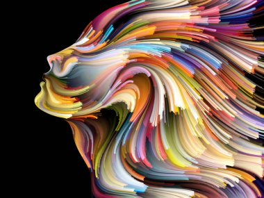 Yüz renk serisi. İnsan profili ve yaratıcılık, tasarım, iç dünya, içgüdü ve sanatsal ruh konusunda boya hareketli renkli çizgiler