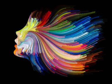 Yüz renk serisi. Sanatsal soyutlama insan profili ve yaratıcılık, tasarım, iç dünya, içgüdü ve sanatsal ruh konusunda boya hareketli renkli çizgiler oluşur