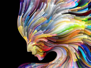 Yüz renk serisi. Tasarım projeleri için fon olarak hizmet etmek için insan profili ve boya hareketli renkli çizgiler yapılmış yaratıcılık, tasarım, iç dünya, içgüdü ve sanatsal ruhu ile ilgili