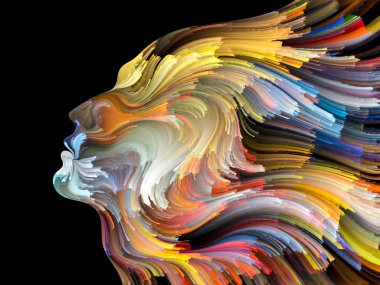 Yüz renk serisi. İnsan profili ve projelerde yaratıcılık, tasarım, iç dünya, içgüdü ve sanatsal ruhu için boya hareketli renkli çizgiler bileşimi