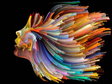 Yüz renk serisi. İnsan profili ve boya konu yaratıcılık, tasarım, iç dünya, insan doğası ve sanatsal ruhu için hareketli renkli çizgiler yaratıcı düzenleme