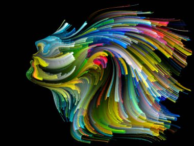 Yüz renk serisi. İnsan profili ve yaratıcılık, tasarım, iç dünya, içgüdü ve sanatsal ruh konusunda boya hareketli renkli çizgiler bileşimi