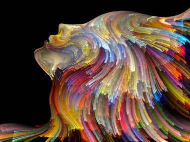 Yüz renk serisi. İnsan profili ve yaratıcılık, tasarım, iç dünya, içgüdü ve sanatsal ruh konusunda boya hareketli renkli çizgiler