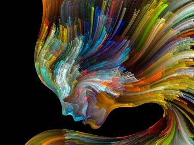 Yüz renk serisi. İnsan profili ve yaratıcılık, tasarım, iç dünya, içgüdü ve sanatsal ruh konusunda boya hareketli renkli çizgiler soyut tasarım yapılmış